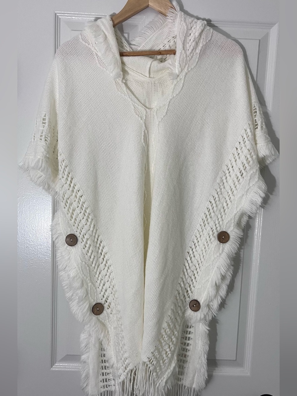 Cozy Cream Hooded Fringe Poncho with Button Accents